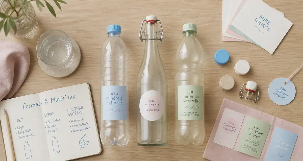Bouteille d eau vide en verre PET végétal sur table