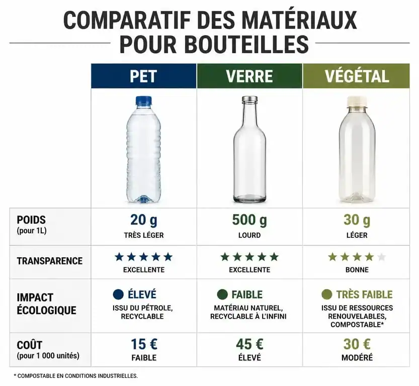 Comparatif des matériaux pour bouteille d'eau vide : PET, verre et végétal