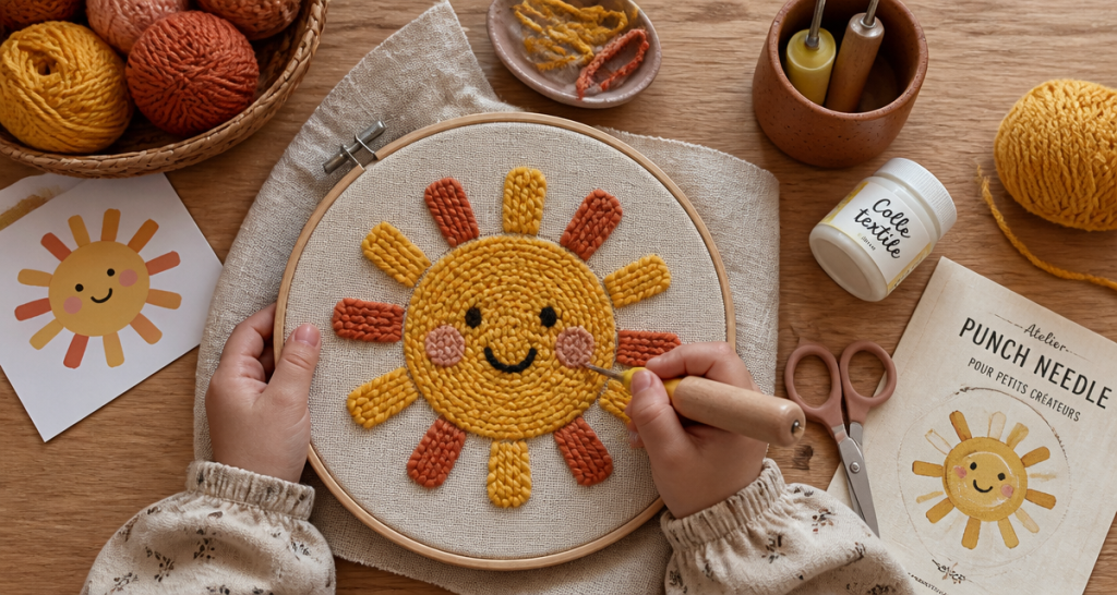 Atelier punch needle enfant avec motif soleil