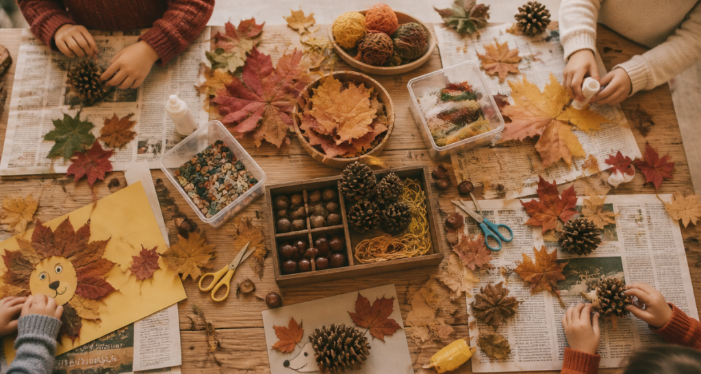 bricolage automne maternelle table feuilles pommes de pin