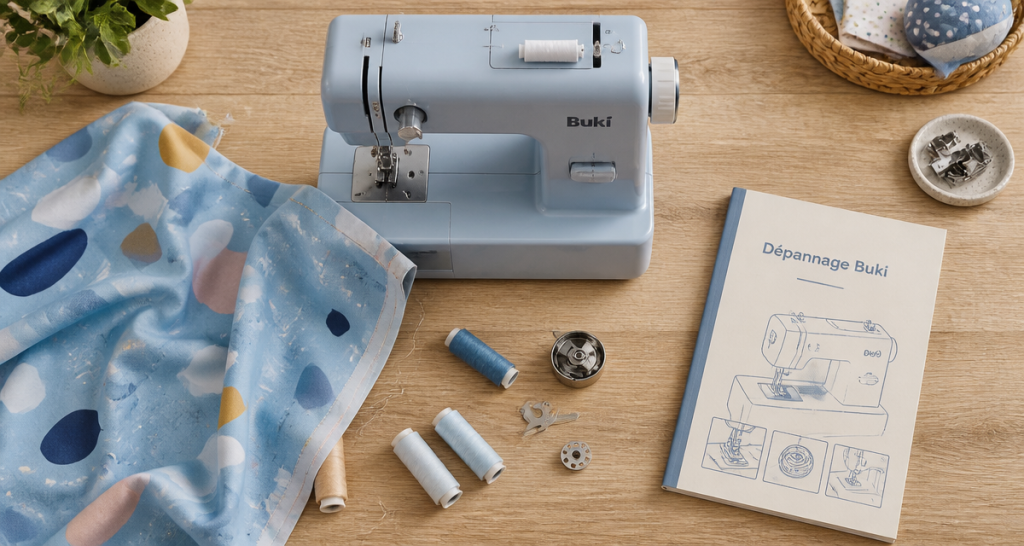 buki machine à coudre problème vue flat-lay