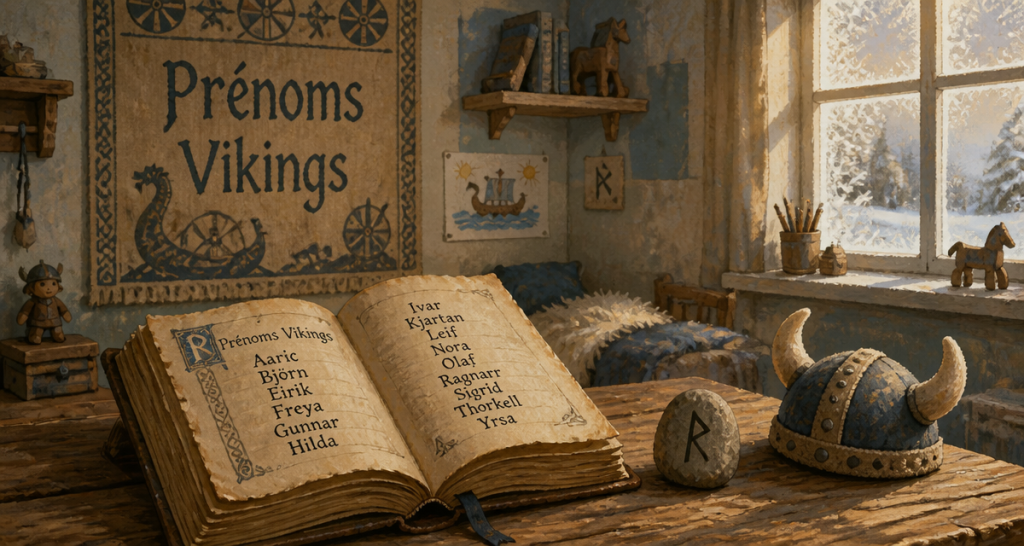 Livre ouvert avec prénoms vikings manuscrits