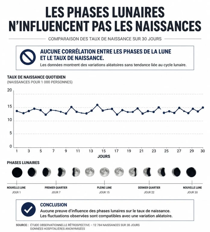 Infographie scientifique comparant les taux de natalité et les phases de la pleine lune pour démontrer l'absence de corrélation.