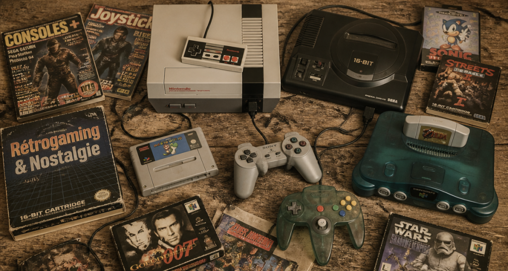 jeux vidéo enfance consoles rétro flat-lay