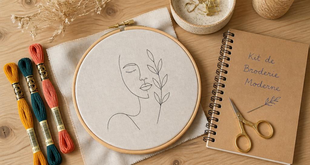 kit de broderie moderne motif line art sur table