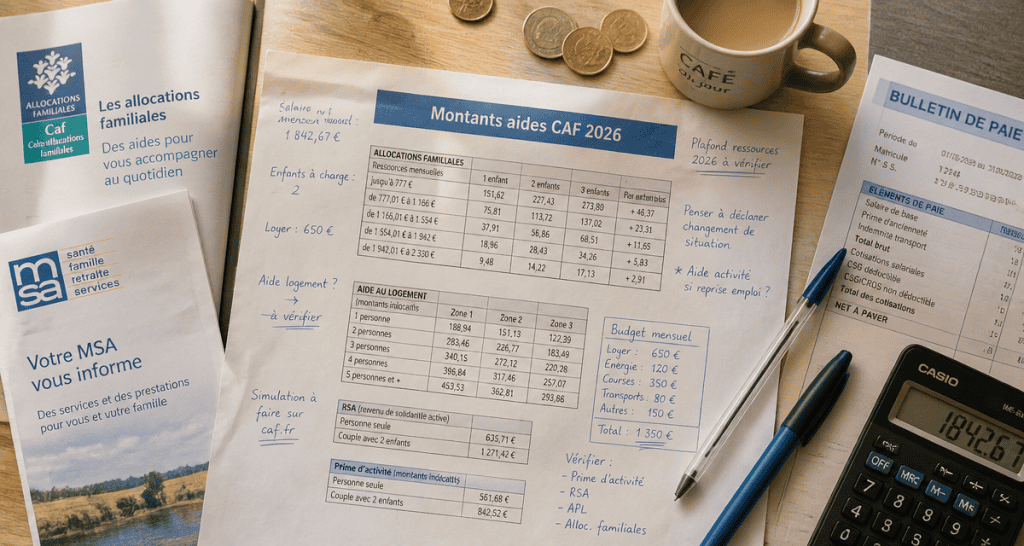 montants aides caf 2026 sur table avec documents et calculatrice