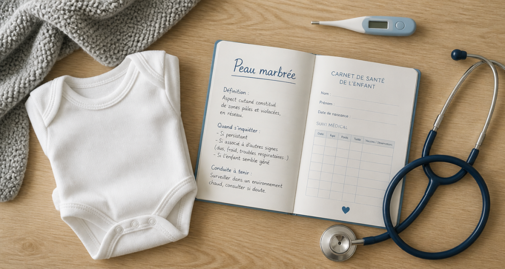 Peau marbrée enfant, carnet de santé et body sur table