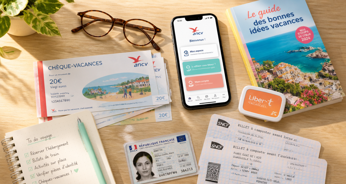 scolinfo cheque vacances sur bureau avec smartphone et tickets