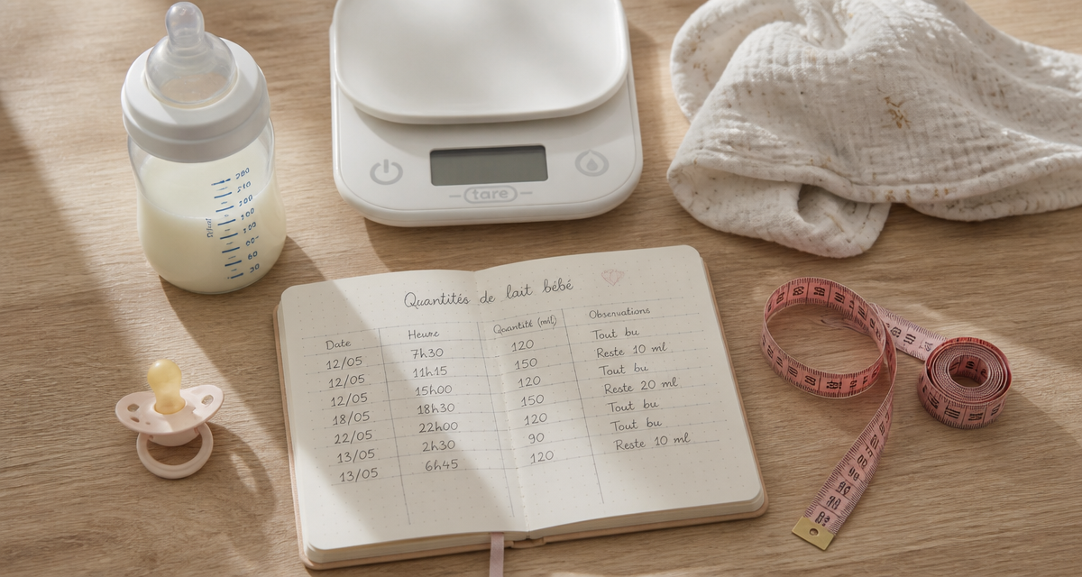 tableau quantité lait bébé poids sur une table