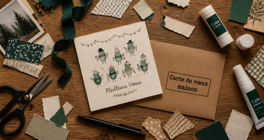 carte de voeux maison facile sur table en bois