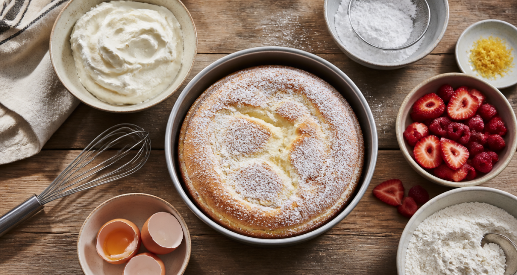 dessert crème fraîche rapide gâteau nuage sur table rustique