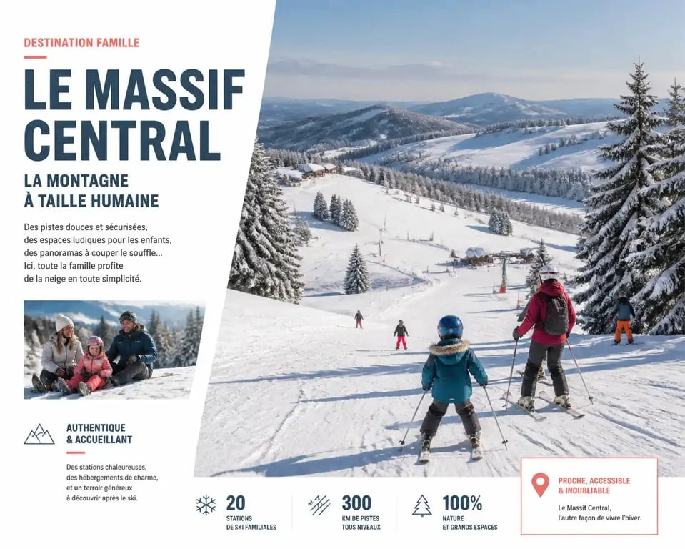 Vue panoramique d'une station de ski familiale dans le Massif Central idéale pour un séjour avec enfants