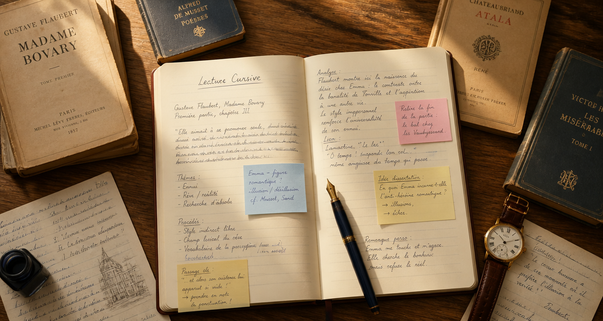 lecture cursive bac de français carnet notes bureau