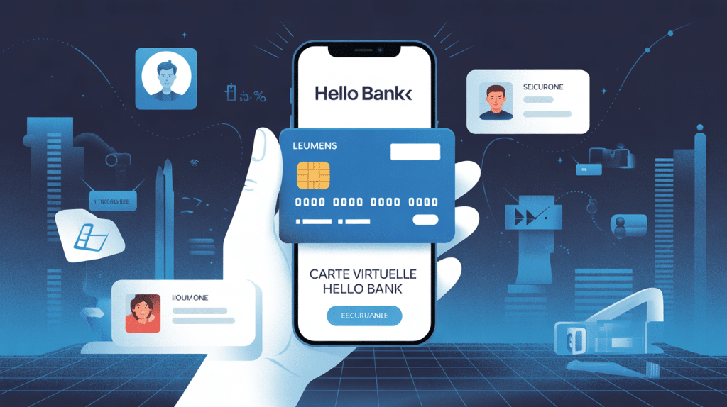 illustration carte virtuelle hello bank sur smartphone avec icônes sécurité