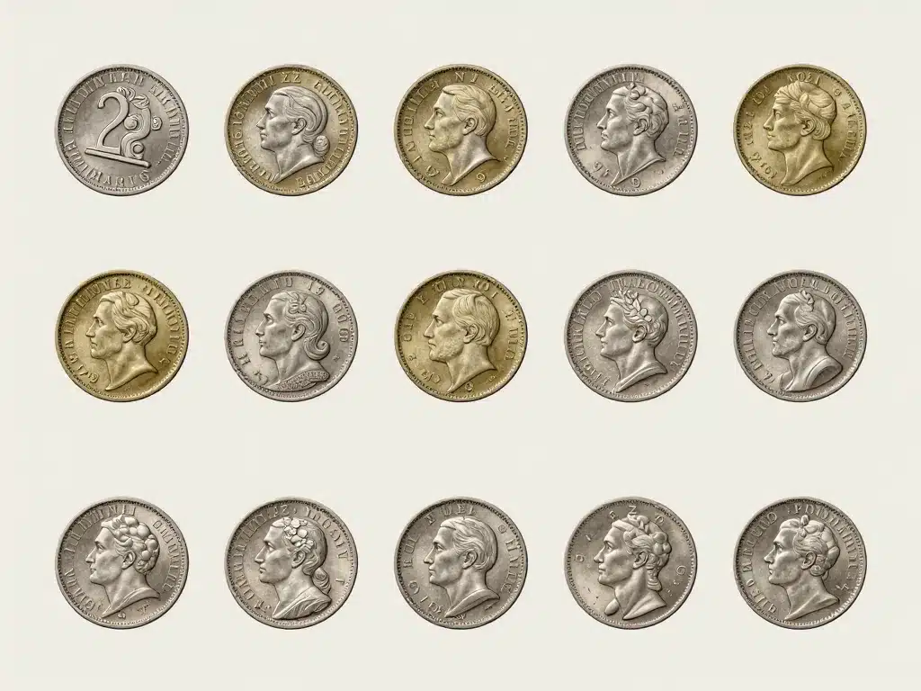 différents types de pièce de 2 francs sur fond neutre