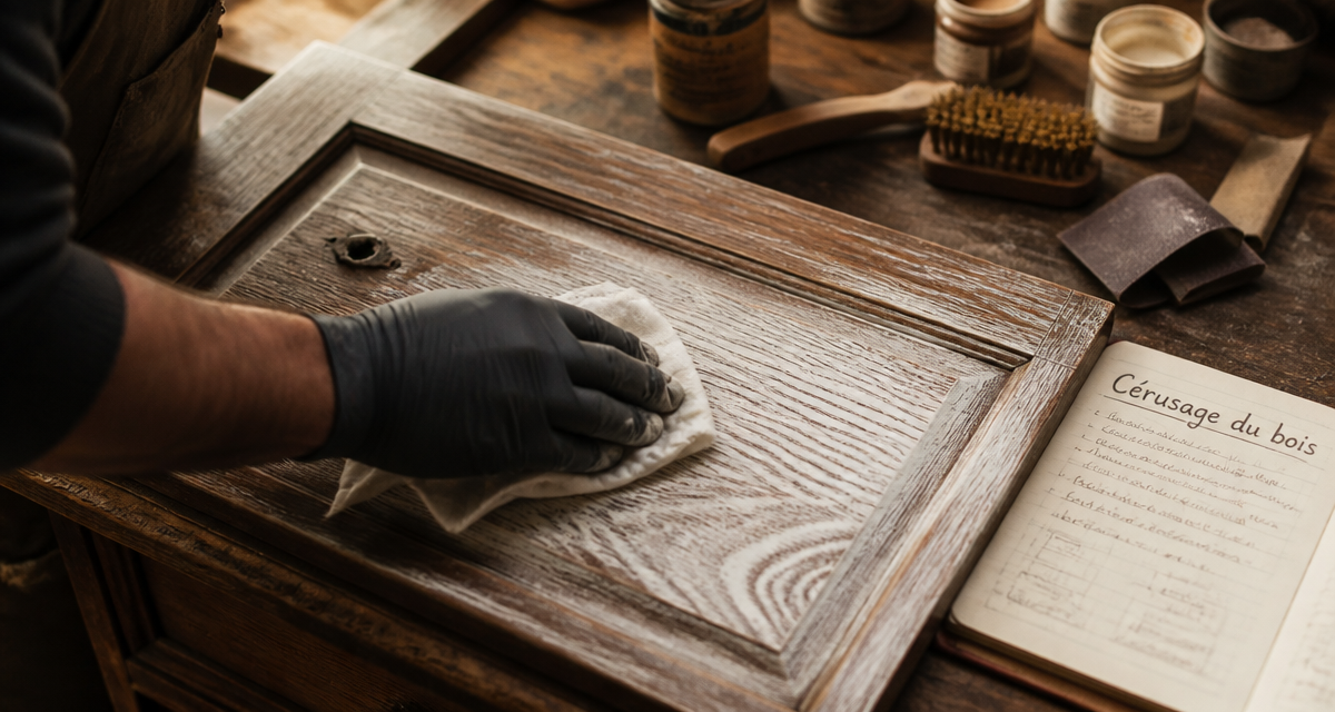 Ceruser un bois, main appliquant la patine sur meuble