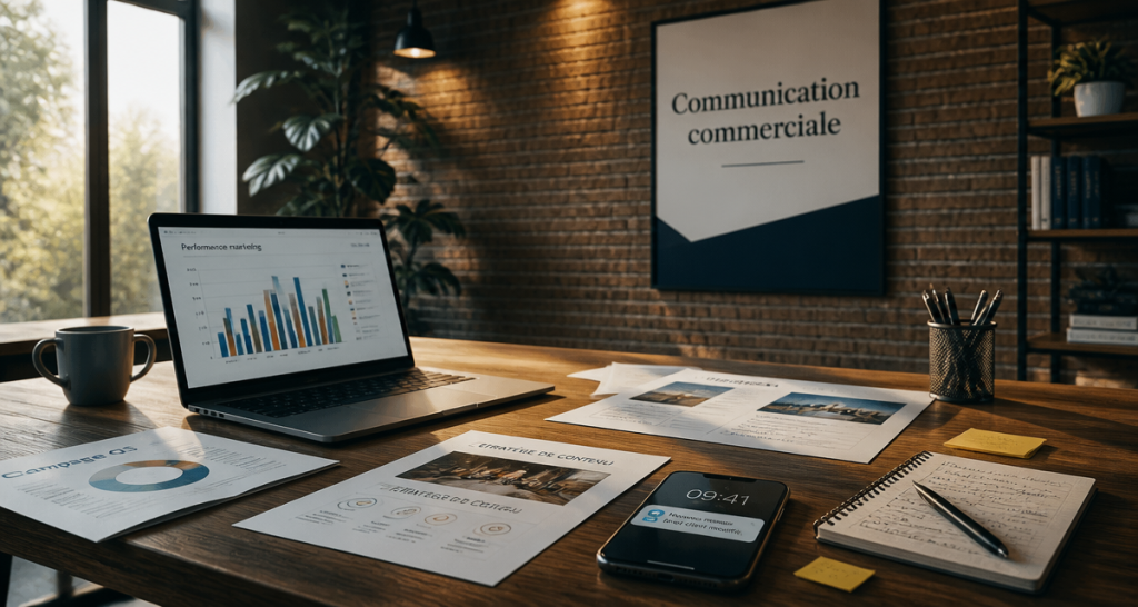 Bureau moderne avec outils de communication commerciale