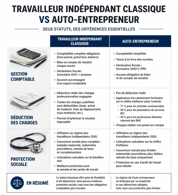 Comparatif entre travailleur indépendant ou auto entrepreneur : différences de gestion, fiscalité et protection sociale.