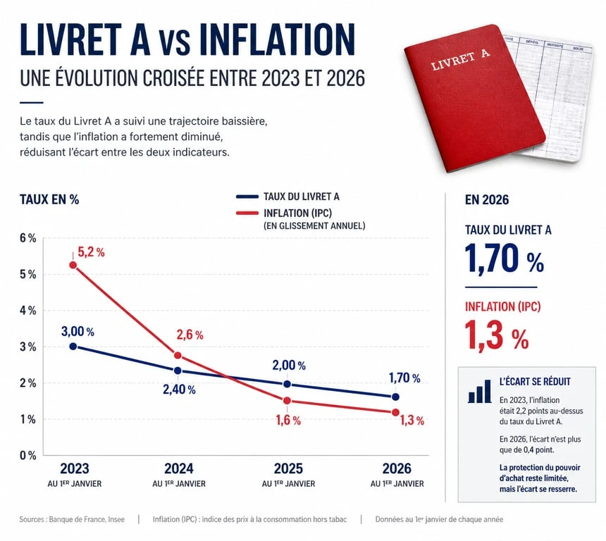 Graphique comparatif de l'évolution du taux du Livret A face à l'inflation de 2023 à 2026