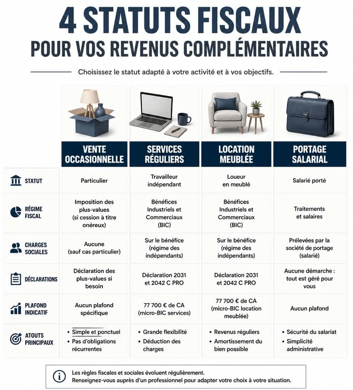 Infographie récapitulative des statuts fiscaux et légaux pour générer des revenus complémentaires en France
