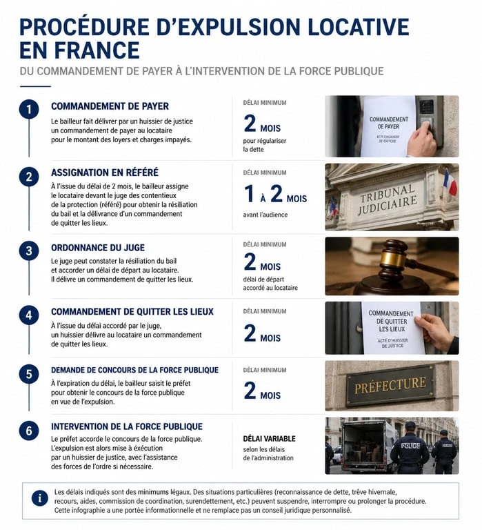 Infographie des étapes de la procédure d'expulsion locative selon la nouvelle loi sur l'expulsion logement