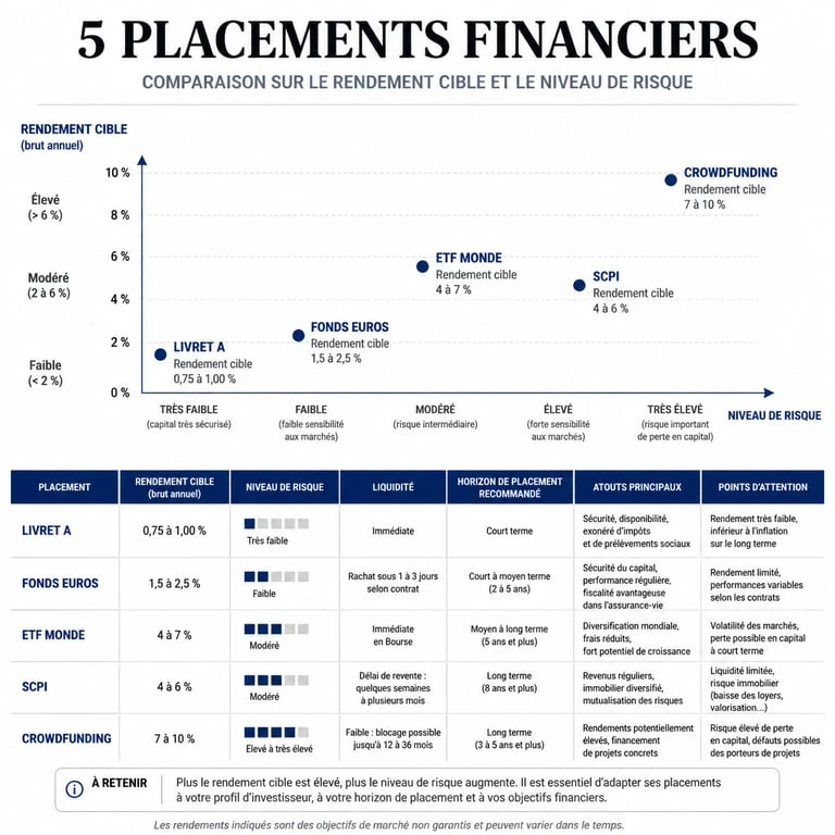 Infographie comparative des placements pour investir 10000 euros selon le risque et le rendement