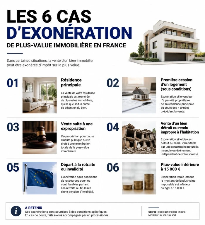 Infographie des 6 cas d'exonération de plus-value immobilière