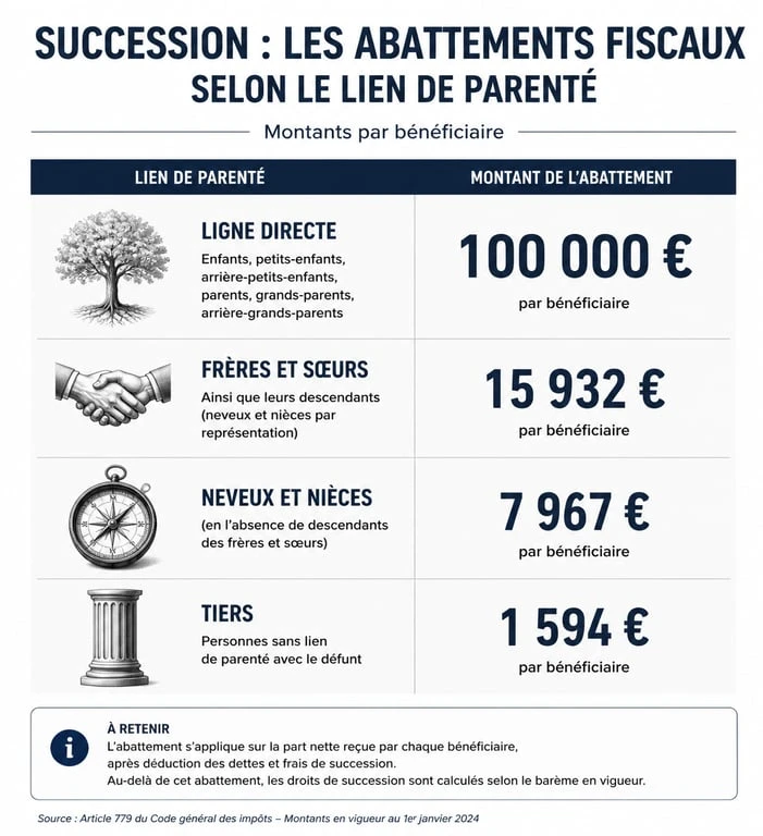 Tableau des abattements fiscaux par lien de parenté pour une succession