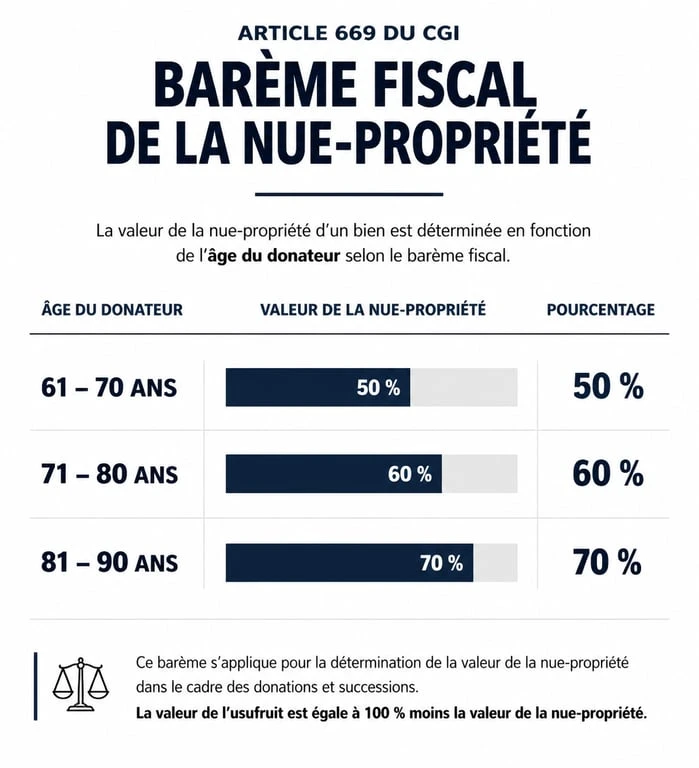 Barème fiscal de la donation en nue-propriété après 70 ans selon l'article 669 du CGI