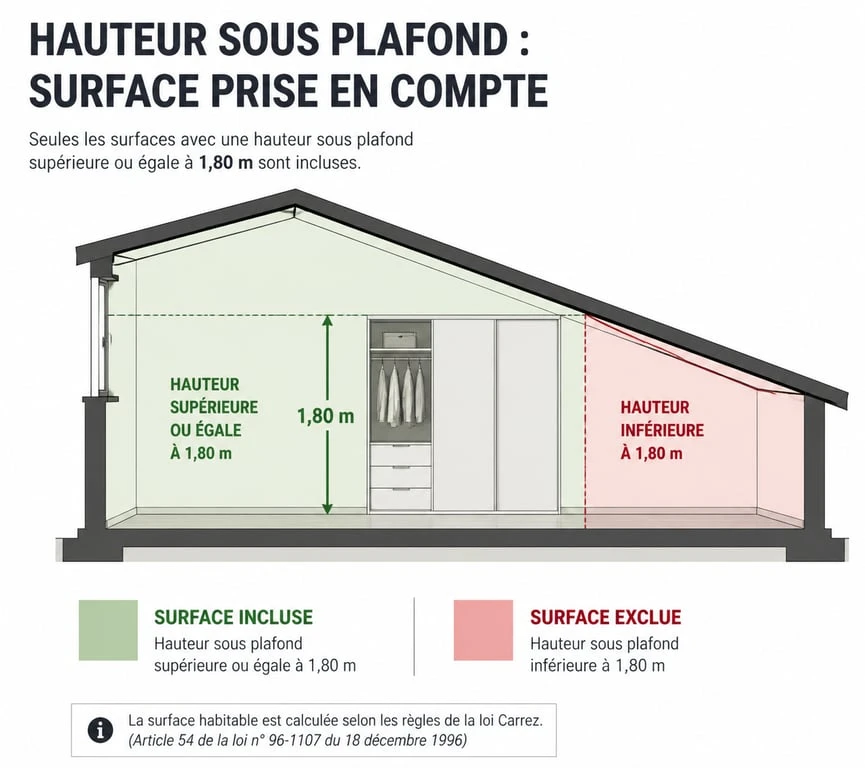 Schéma illustrant les règles de calcul de la surface habitable et des placards selon la loi Boutin