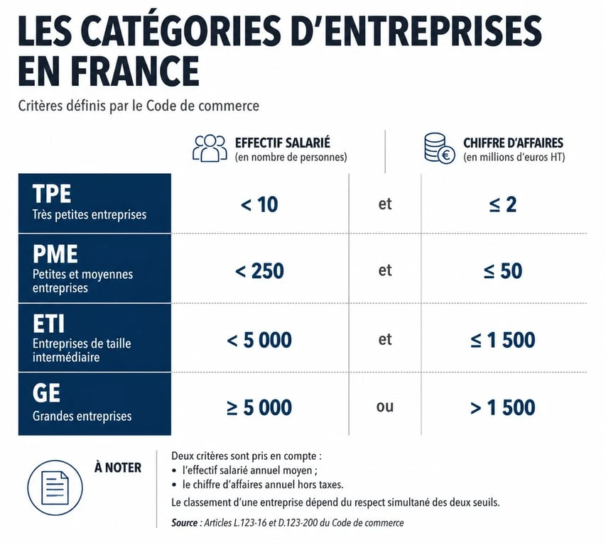 Infographie des seuils de caractériser une entreprise : TPE, PME, ETI et Grande Entreprise selon les effectifs et le chiffre d'affaires