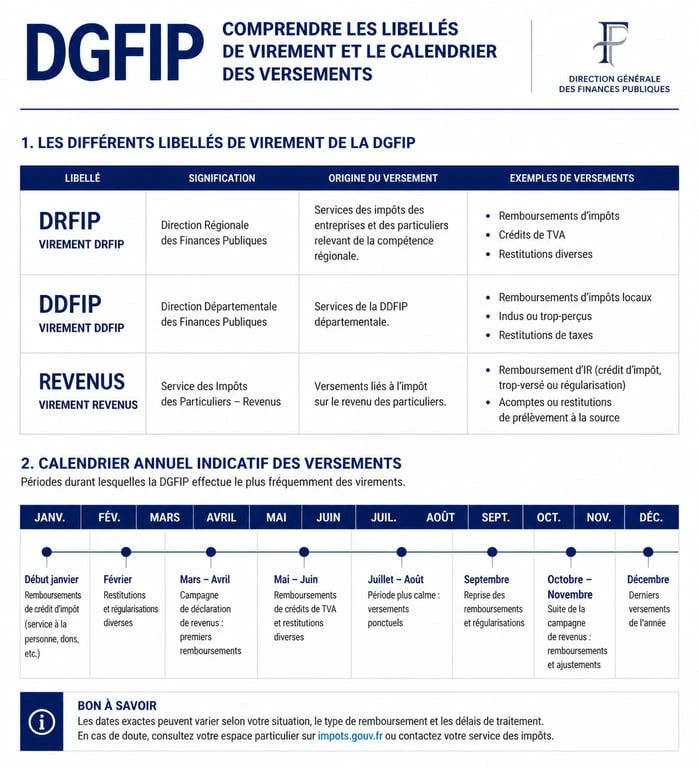 Infographie explicative des libellés de virement DGFIP et calendrier des remboursements fiscaux