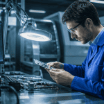 Ingénieur entreprise electronique examine carte PCB