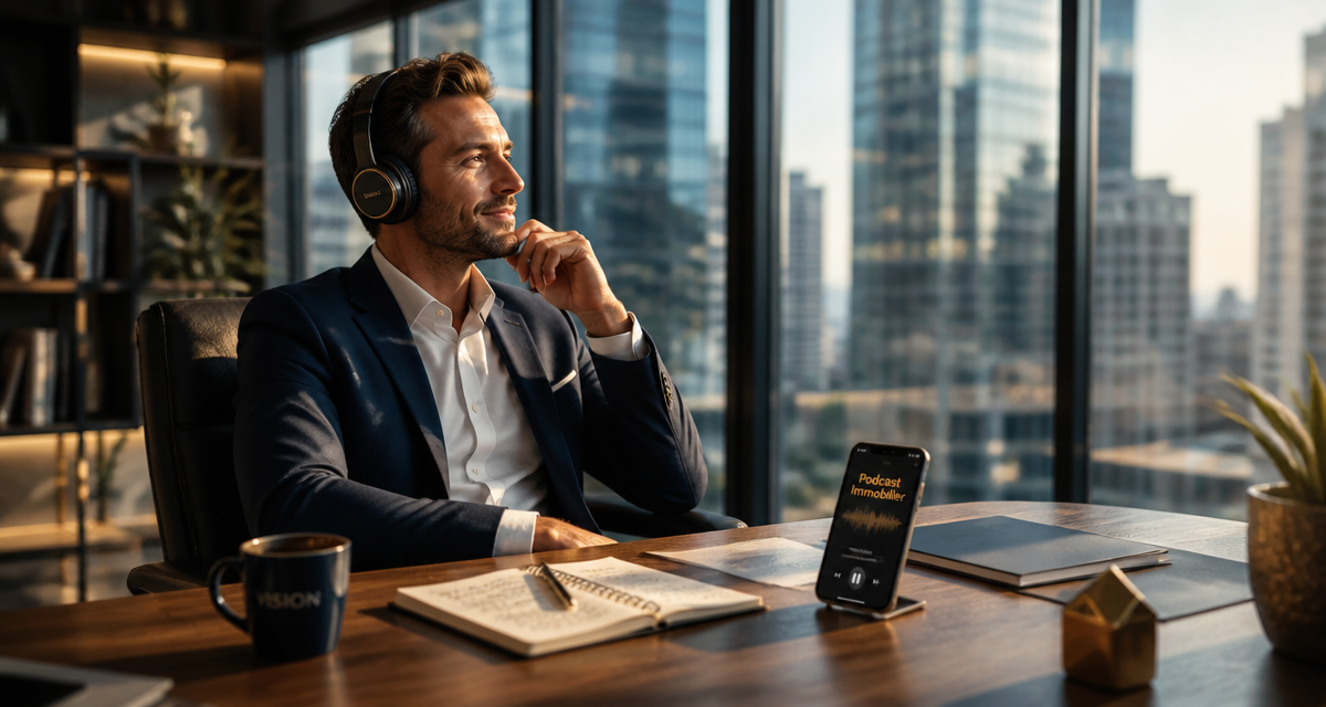 Podcast immobilier agent écoute casque bureau