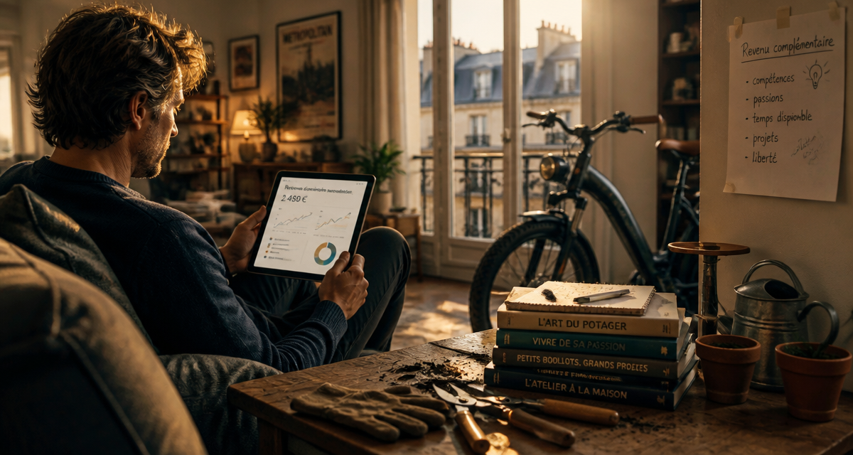 revenus complémentaires homme consulte tablette salon