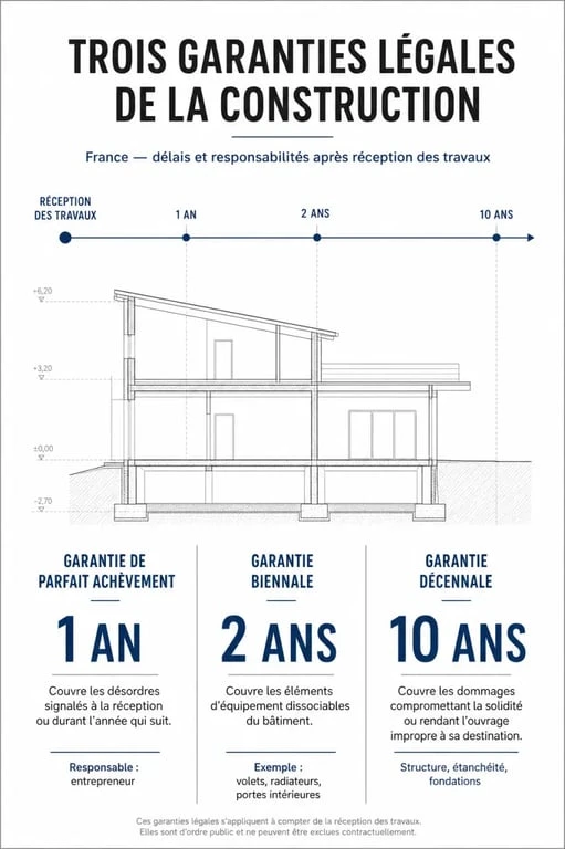 Infographie des garanties légales pour les malfaçons immobilières et les nouveaux constructeurs