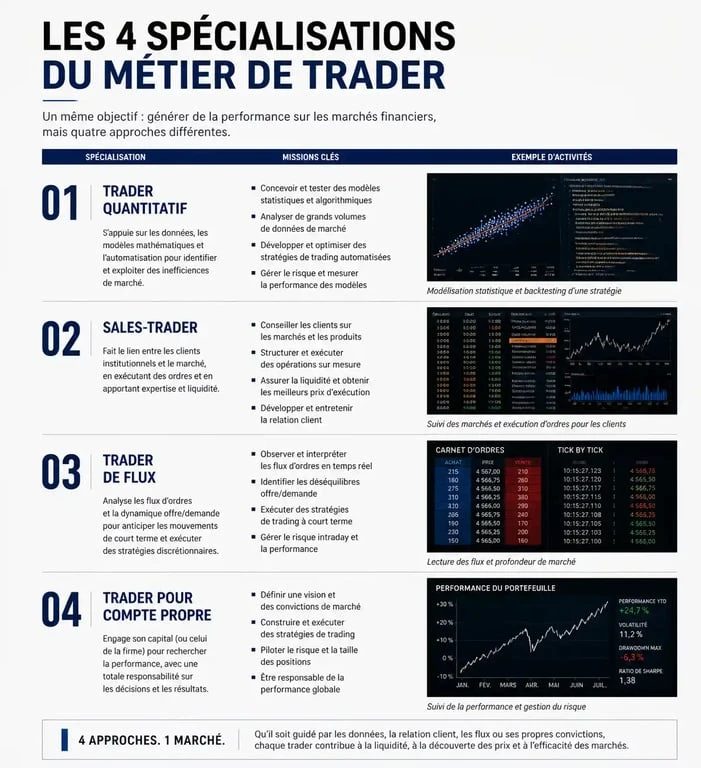 Infographie des spécialisations du métier de trader : Trader Quantitatif, Sales-Trader, Trader de Flux et Trader pour compte propre