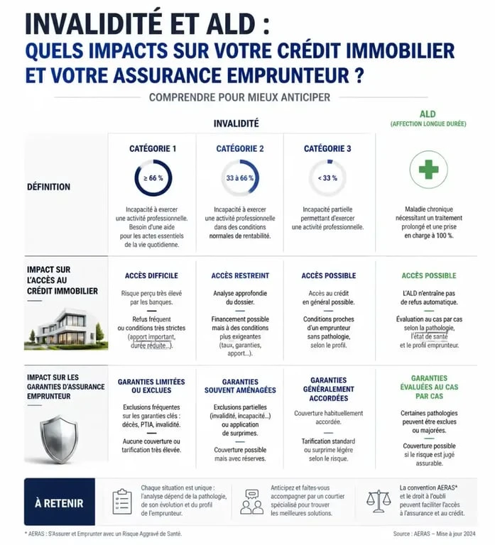 Tableau récapitulatif des impacts de l'invalidité et de l'ALD sur le crédit immobilier et l'assurance emprunteur