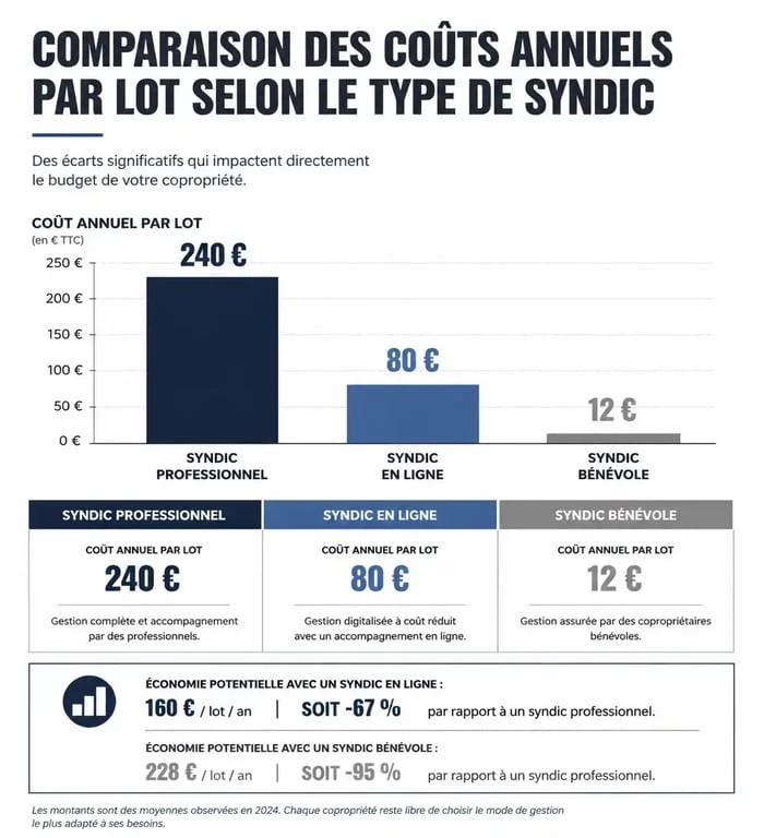 Comparatif des tarifs de syndic par lot pour une petite copropriété : professionnel, en ligne et bénévole.