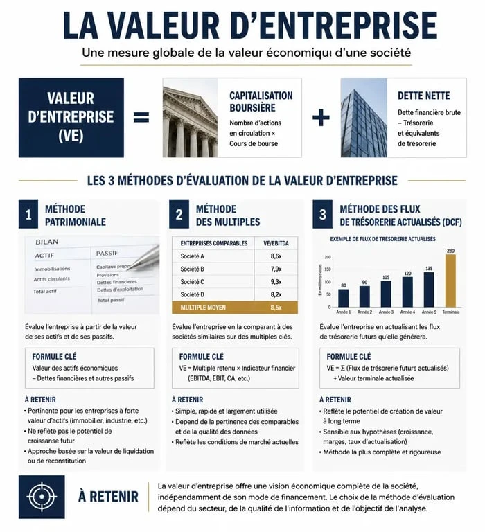 Infographie explicative de la valeur d'entreprise et des méthodes de valorisation financière