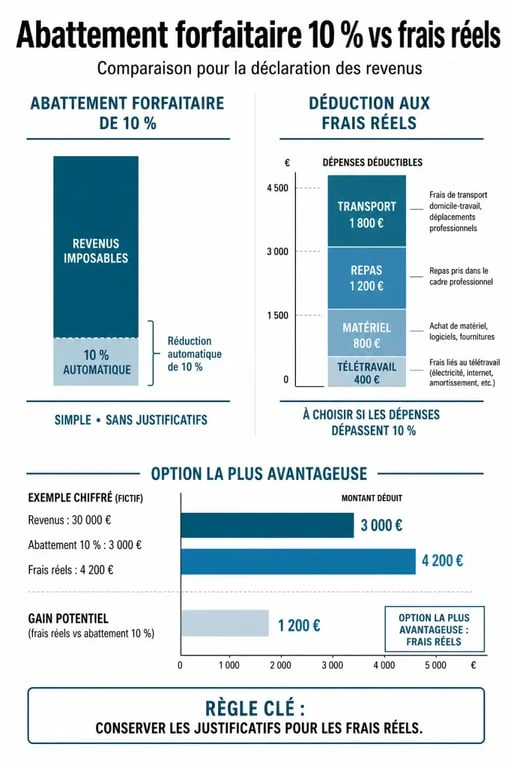 Comparaison entre l'abattement de 10% et la déduction aux frais réels pour déclarer ses kms aux impôts