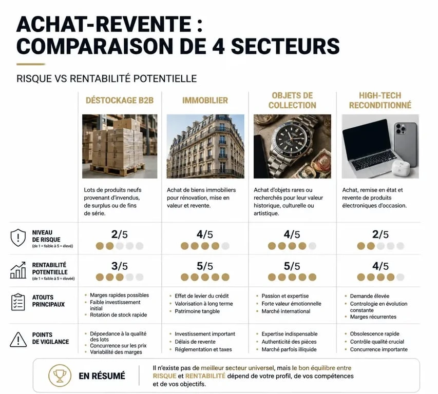 Infographie comparative des opportunités et rentabilité dans l'achat-revente
