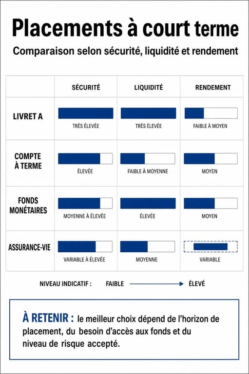 Comparatif des solutions d'investissement à court terme : Livret A, Compte à terme, Fonds monétaires et Assurance-vie