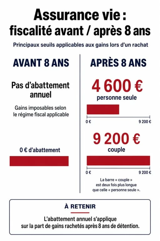Infographie explicative sur la fiscalité des retraits d'assurance vie avant et après 8 ans