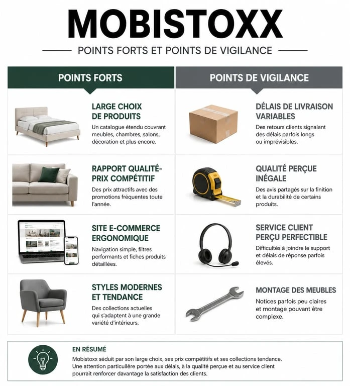 Infographie comparative des avis clients Mobistoxx : points forts et points de vigilance sur la qualité et le service.