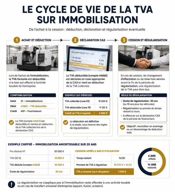 Schéma du cycle de vie de la TVA sur immobilisation et déduction fiscale