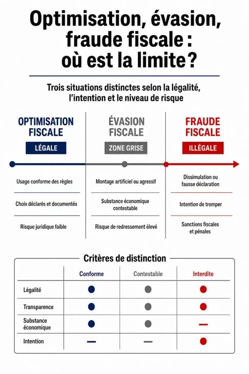 Schéma comparatif illustrant la différence entre optimisation, évasion et fraude fiscale pour bien comprendre la définition de l'optimisation fiscale.