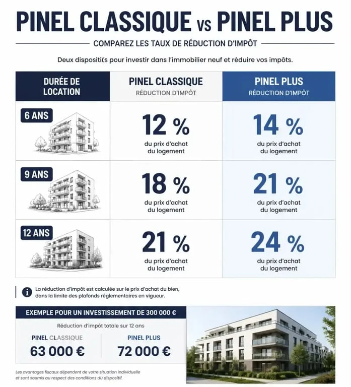 Comparatif des taux de réduction d'impôt Pinel classique et Pinel Plus à Toulouse