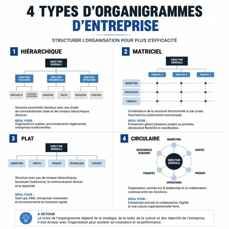 Infographie des différents types d'organigramme de l'entreprise : hiérarchique, matriciel, plat et circulaire