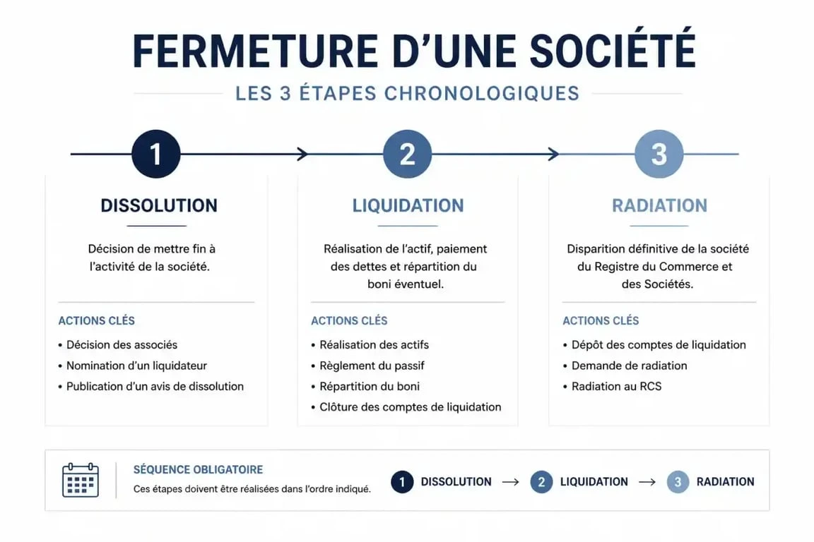 Schéma des étapes pour fermer une société : dissolution, liquidation et radiation